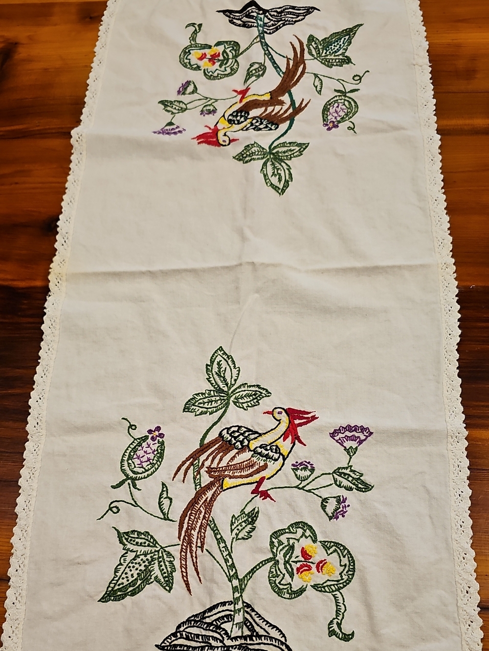 Hand-Embroidered Floral Linen Runner in Cream with Multicolor Birds And Flowers